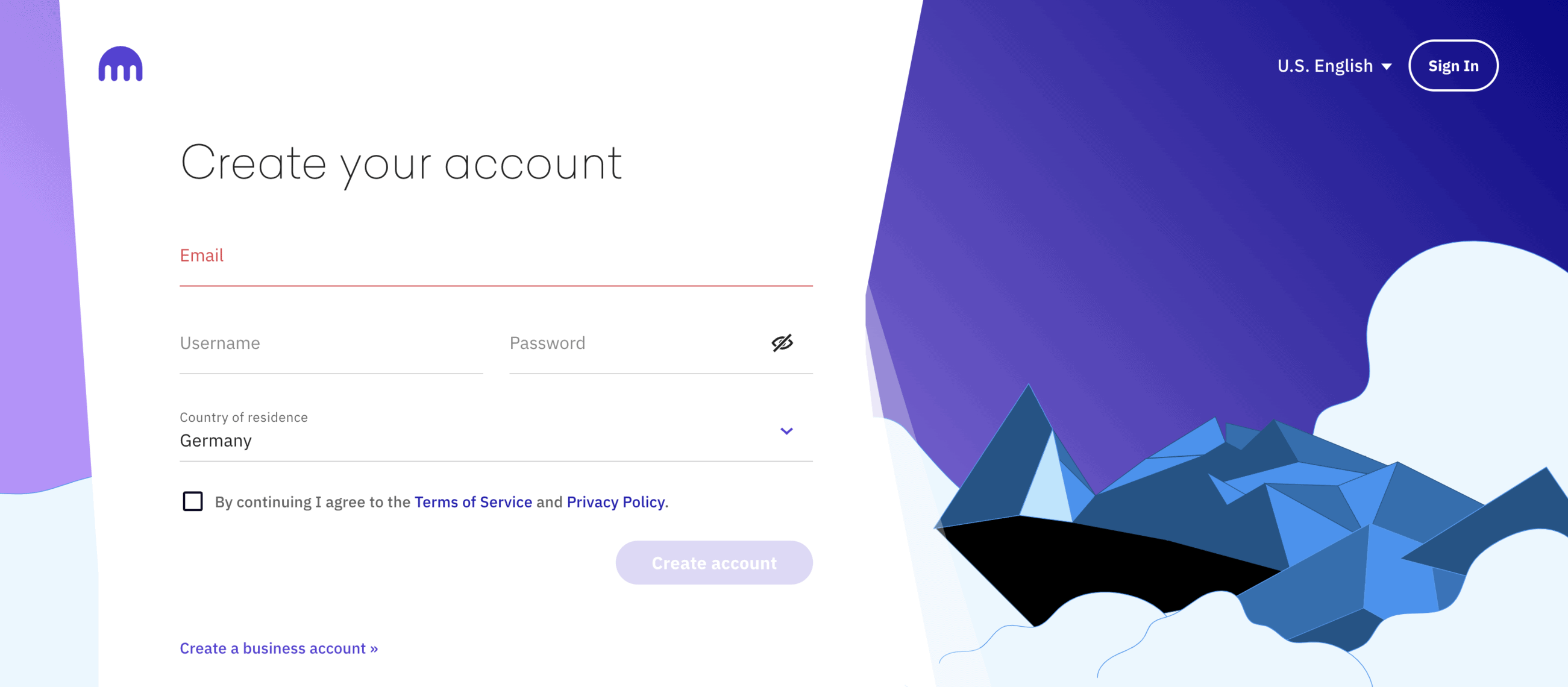 Registrierungsmaske Kryptobörse Kraken