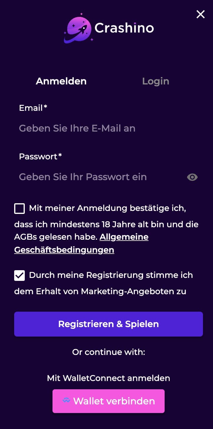 Crashino Anmeldung