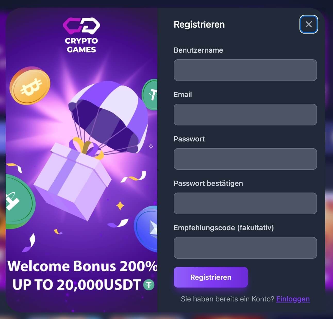 Crypto Games Anmeldeseite