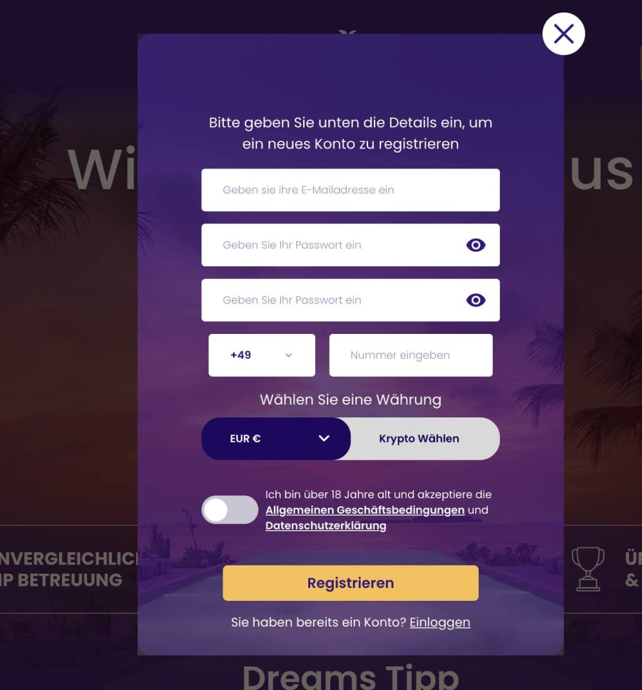 DreamWins Casino Anmeldeseite