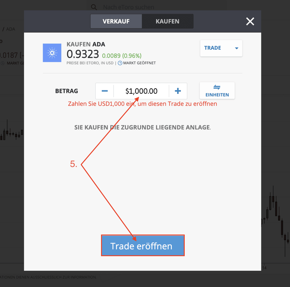 eToro Cardano kaufen, Betrag eingeben und Trade eröffnen