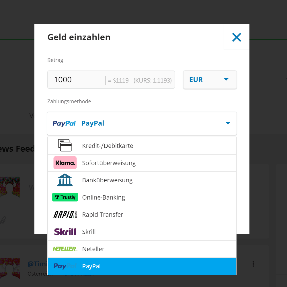 eToro Einzahlungsmethoden in der Kontoübersicht