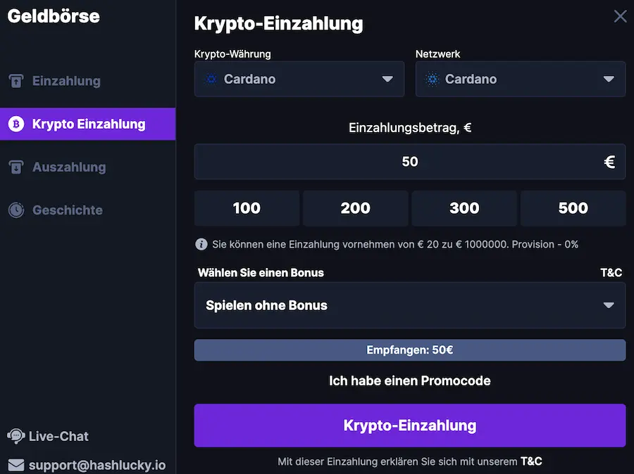 hashlucky cardano zahlung