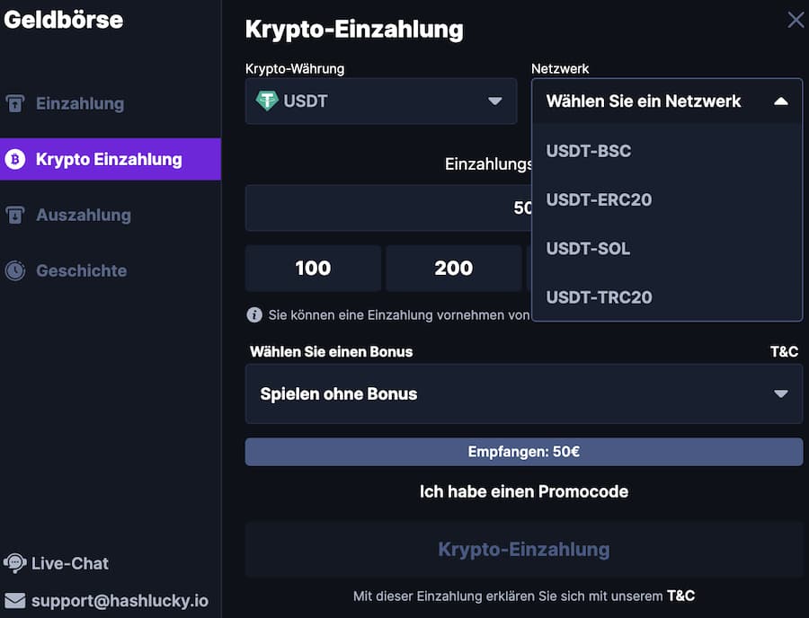 hashlucky tether zahlung