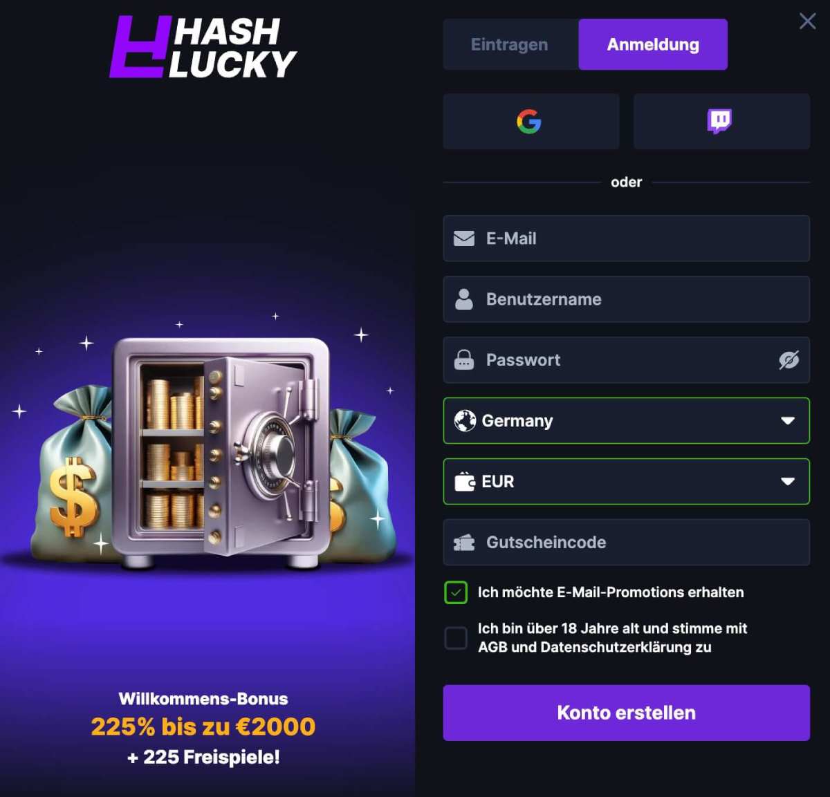 Hashlucky Anmeldeseite