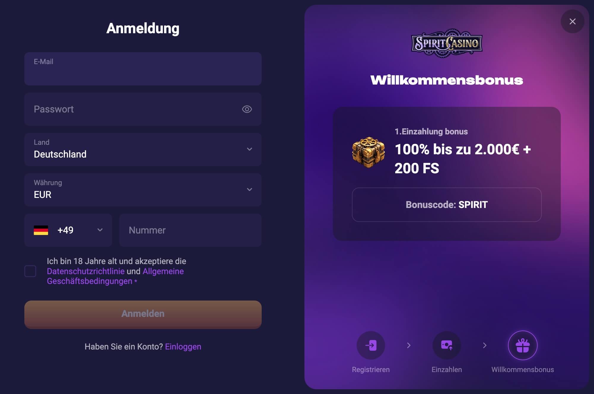 Anmeldeseite Spirit Casino