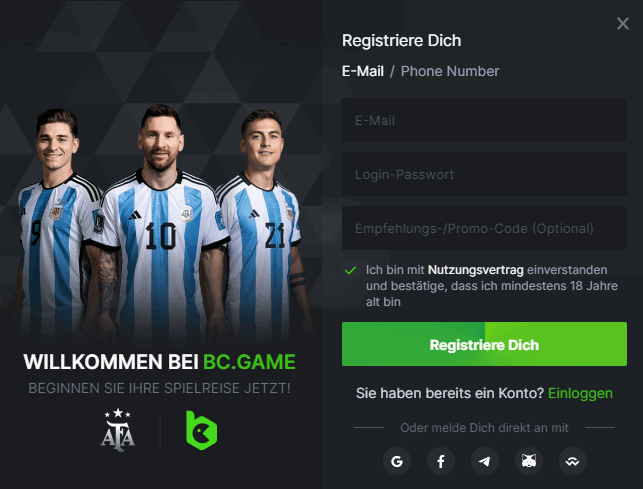Registrierung bei BC.Game