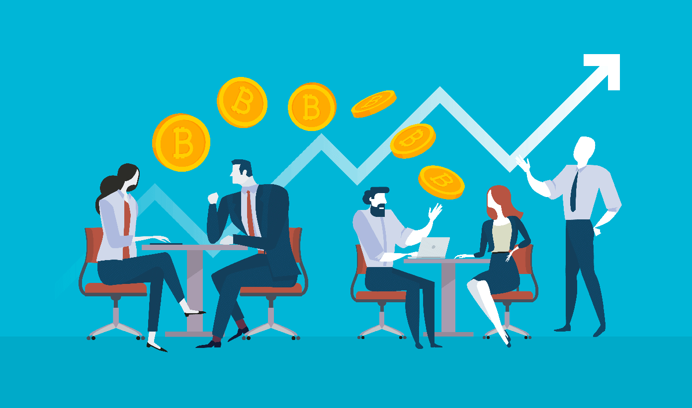 Leute unterhalten sich am Tisch, BTC Münzen, animiert