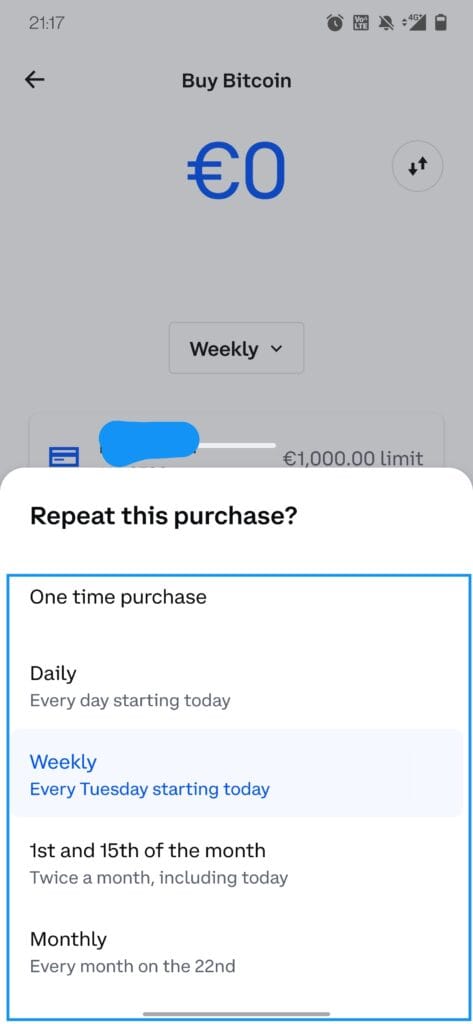Bitcoin Sparplan Intervall festelgen bei Coinbase