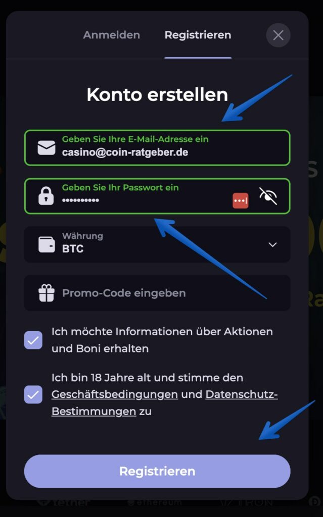 Anmeldemaske im CryptoLeo Casino
