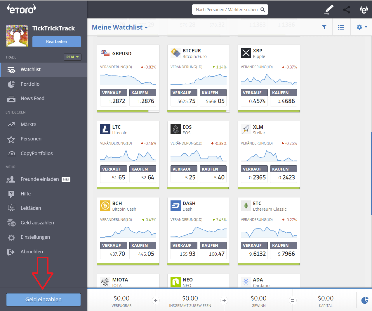 eToro Einzahlung Screenshot